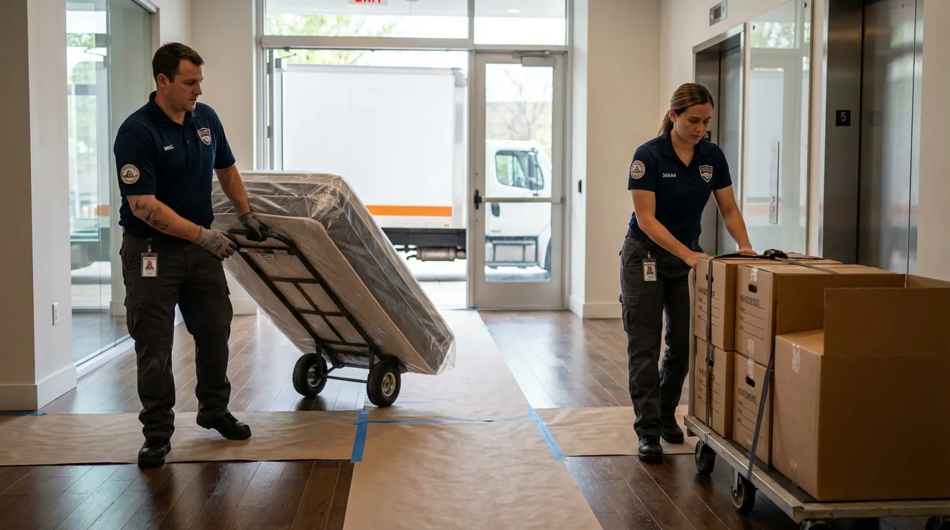 Professional apartment movers loading elevator in Granger, IN