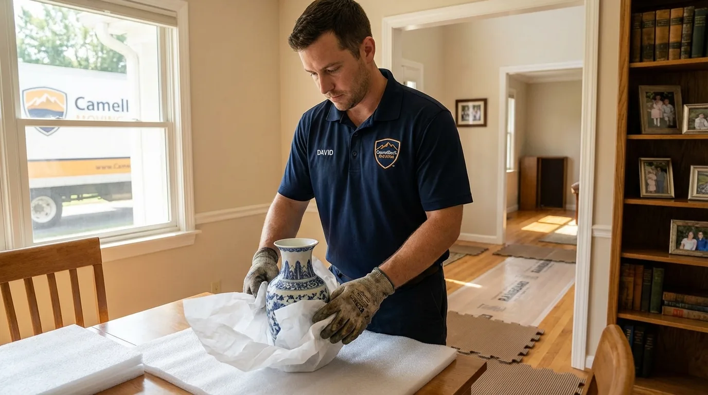 Professional crew carefully wrapping antique vase for senior downsizing move in Granger, IN